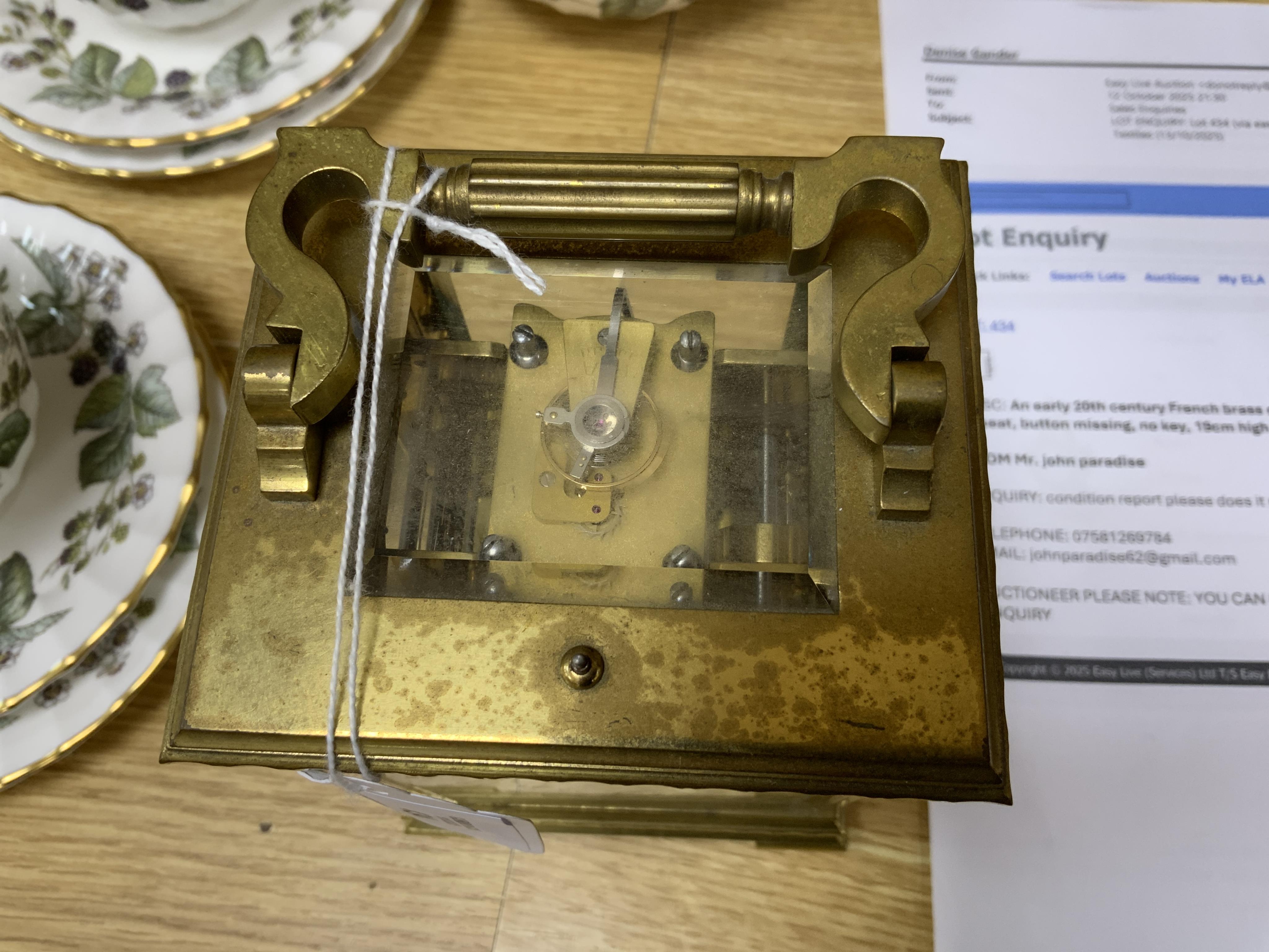 An early 20th century French brass cased carriage clock for the Italian market, with repeat, button missing, no key, 19cm high